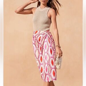 Ann Taylor Geometric Knot Wrap Pencil Skirt, Pink White Beige Red, Sz 8 Petite